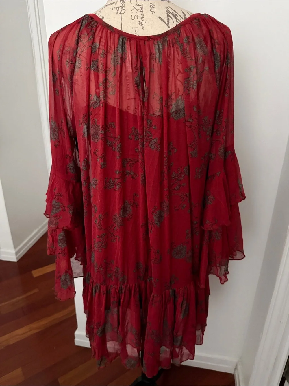 Free People Red Floral Tie-Neck Ruffle Tunic